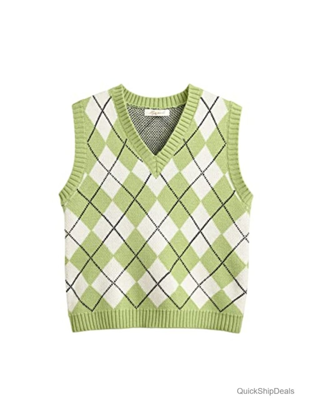 Sleeveless Knit Crop Sweater Vest V-Neck Preppy Argyle
